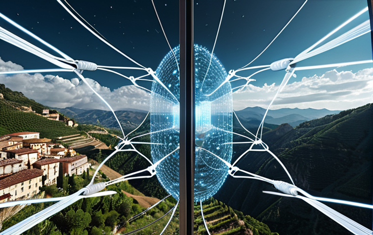 **A futuristic, secure communication network in Italy, showcasing quantum key distribution (QKD) technology. The image should blend high-tech elements with a recognizable Italian landscape, perhaps with data streams visualized as light particles flowing between secure servers. Emphasize the safety and privacy aspects with visual cues like locks or shields.**