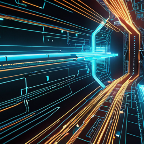 **QKD System Visualization:** Abstract, futuristic depiction of Quantum Key Distribution. Use glowing fiber optic cables transmitting light between two secure locations. Include faint, ethereal representations of quantum entanglement and polarized photons. Style: High-tech, modern, slightly cyberpunk.