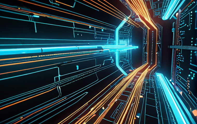 **QKD System Visualization:** Abstract, futuristic depiction of Quantum Key Distribution. Use glowing fiber optic cables transmitting light between two secure locations. Include faint, ethereal representations of quantum entanglement and polarized photons. Style: High-tech, modern, slightly cyberpunk.