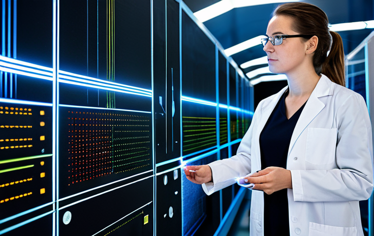 A professional female quantum physicist in a modest lab coat, standing in a state-of-the-art quantum research lab. She is intently observing a complex optical setup with delicate laser beams and intricate fiber optics, symbolizing the fragility and precision required for quantum key distribution (QKD). In the background, abstract, glowing data streams represent the concept of secure quantum communication. The image conveys the intricate balance between theoretical perfection and practical implementation challenges, highlighting the vulnerabilities in real-world applications. Professional dress, fully clothed, appropriate attire, modest clothing, safe for work, appropriate content, perfect anatomy, correct proportions, natural pose, well-formed hands, proper finger count, natural body proportions, professional photography, high quality.