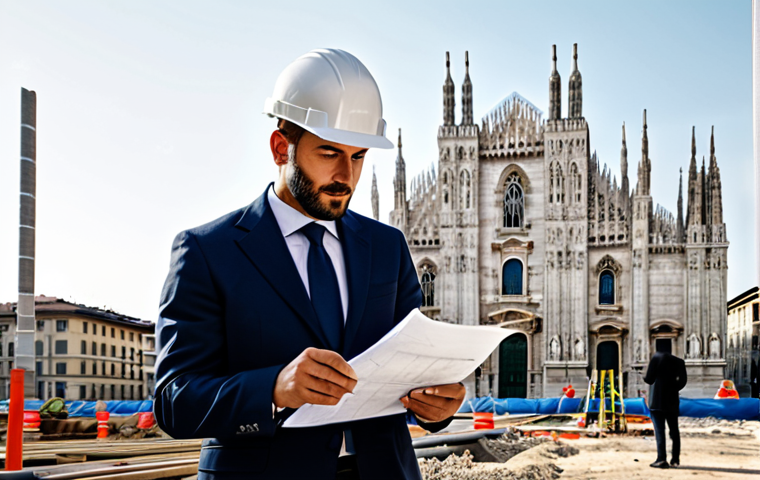 **
"A successful architect, fully clothed in stylish, modern Italian professional attire, reviewing blueprints on a construction site in Milan, with the Duomo visible in the background, safe for work, appropriate content, professional, perfect anatomy, natural pose, high quality, realistic lighting, family-friendly, modest clothing."
**