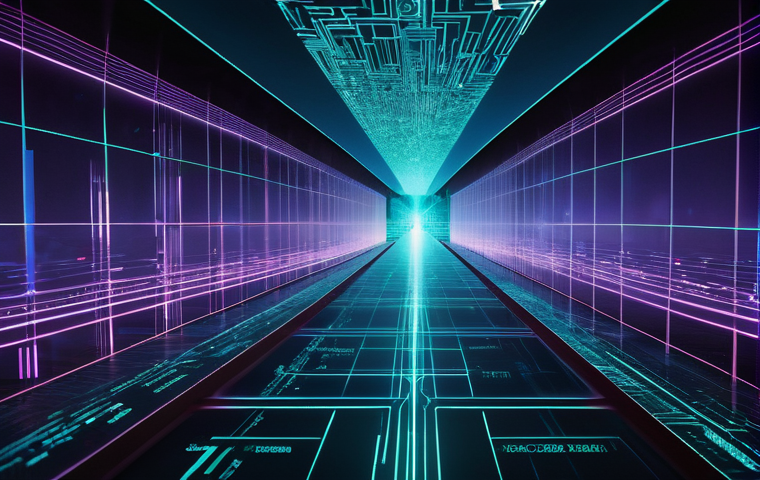 양자 암호화의 정부 정책 동향 - A cinematic, futuristic scene depicting digital data streams flowing through a complex network. The ...