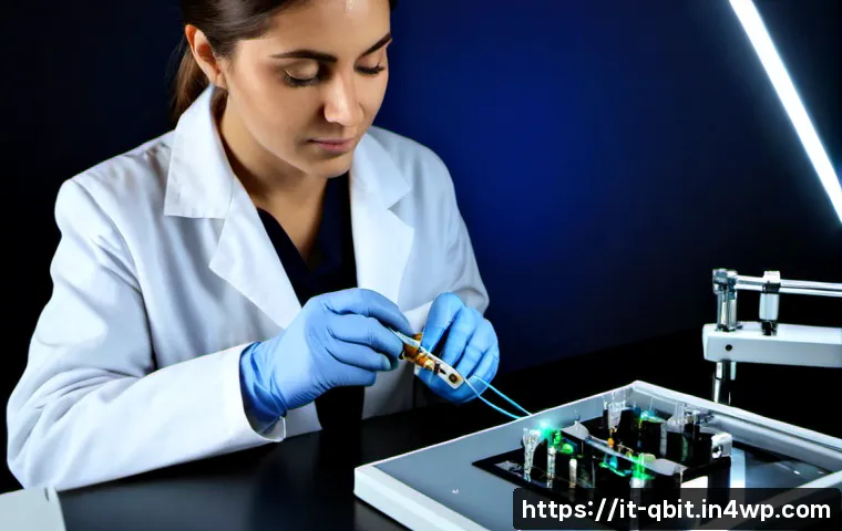 양자 암호화의 기술적 이해 - Photorealistic close-up of a quantum cryptography laboratory demonstration, a European female scient...