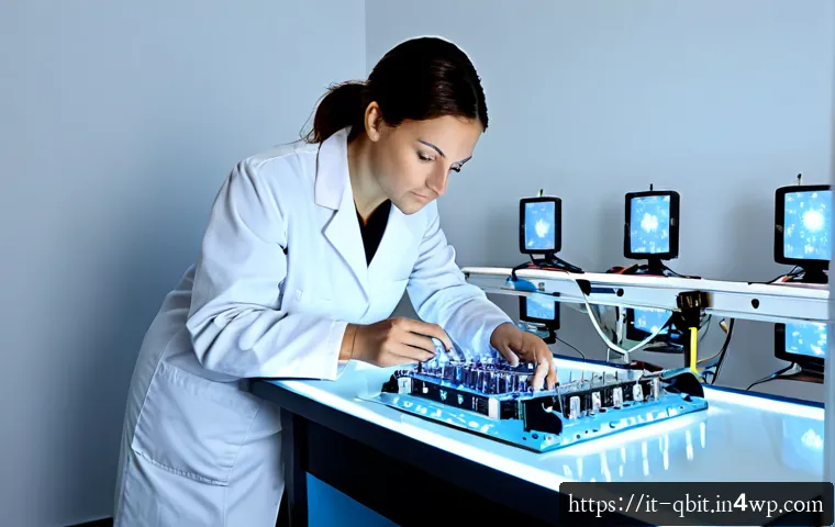 Home 13 양자 암호화의 실험적 연구 - Photorealistic experimental quantum cryptography laboratory in Italy, a female physicist in a clean ...